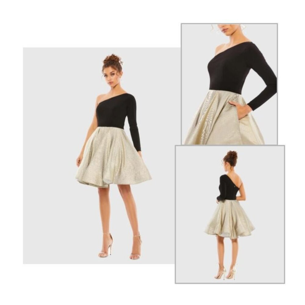 NWT | Ieena for Mac Duggal Black & Gold One-Shoulder A-Line Dress | Size 2